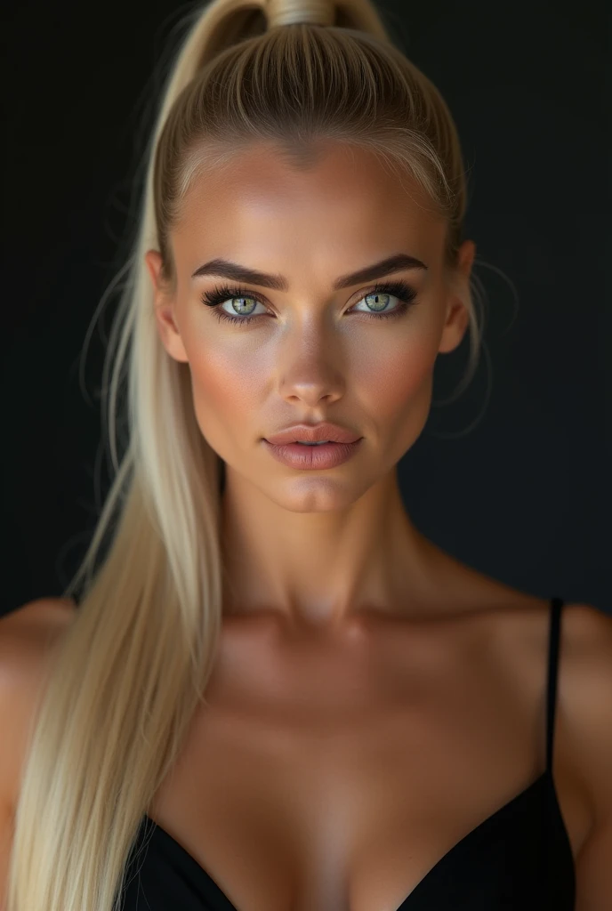 a very realistic and detailed close up portrait of beautiful swiss woman l, black skirt, perfect makeup, long sleek straight high ponytail blonde hair, high quality, photorealistic, 8k, luxury, elegant, sophisticated, confident, studio lighting, cinematic, piercing eyes, full lips, sharp focus, olive skin 