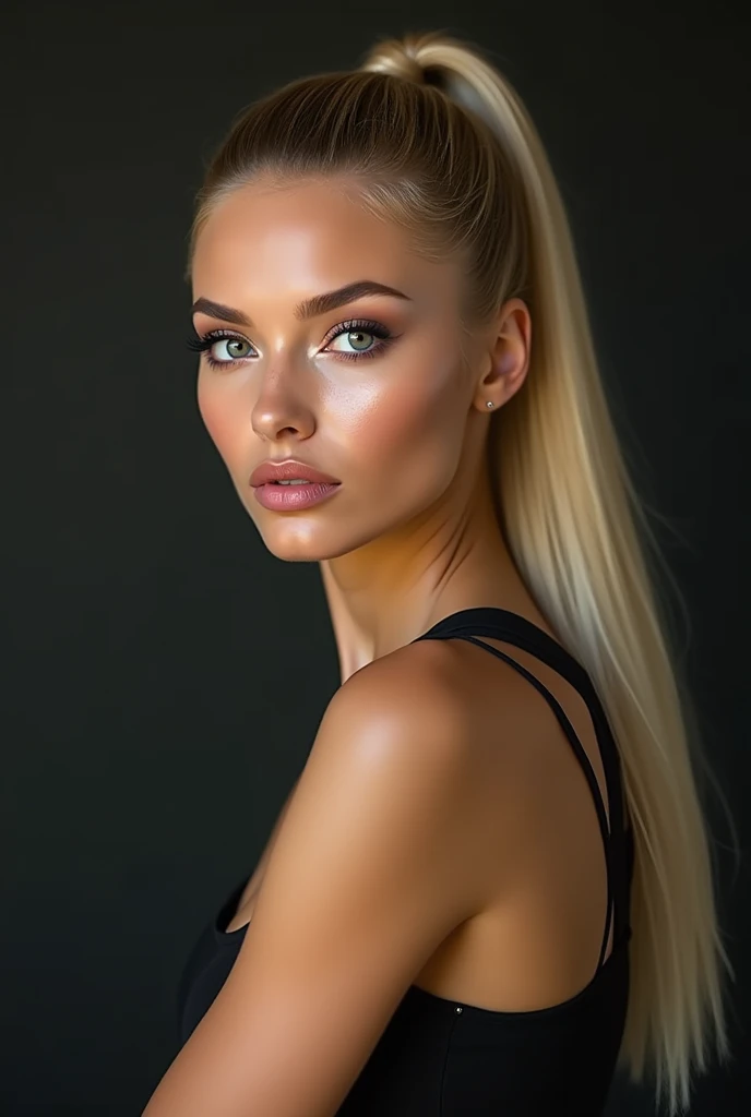 a very realistic and detailed close up portrait of beautiful swiss woman l, black skirt, perfect makeup, long sleek straight high ponytail blonde hair, high quality, photorealistic, 8k, luxury, elegant, sophisticated, confident, studio lighting, cinematic, piercing eyes, full lips, sharp focus, olive skin 