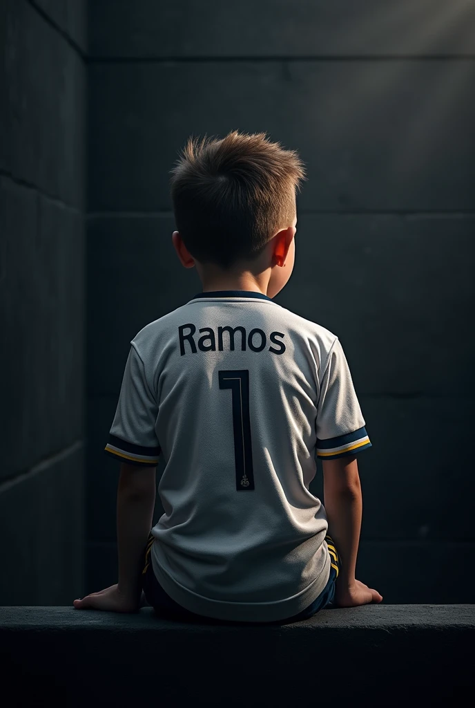 A boy wearing a real mardid jersey is sitting on a wall and behind his jersey is the name Rajbi, the wall is black and there will be a flash of light in front of the boy.The boy's hair will have a nice haircut।. the boy is 