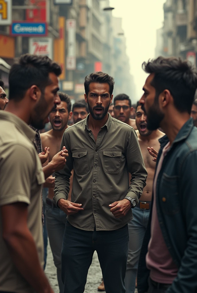 Generate image skinny ugly white men shouting at handsome indian ( and he display any emotion for white guy )
