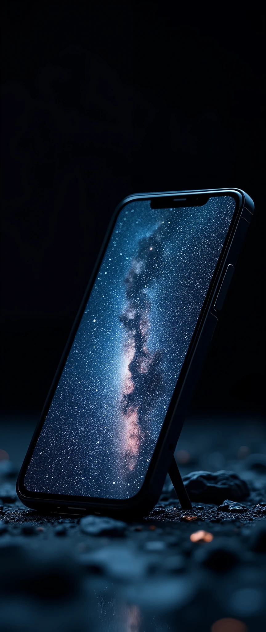 (masterpiece:1.2,Exceptional Quality,mirror-like,Cinematic Experience,Photorealistic:2.0,RAW Photos:2.0),8k,wallpaper,(Star trail images appear on your smartphone screen:2.0),(Smartphone propped up at an angle:2.0),(Black background:2.0)