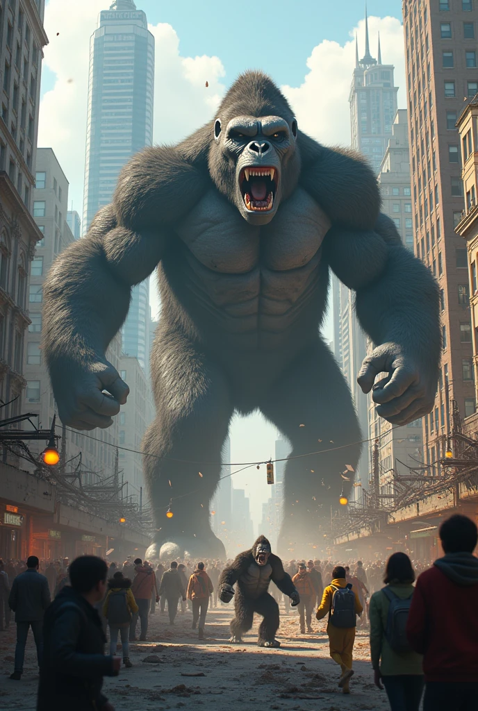 The dinosaurs begin their attack on the city, causing widespread destruction and panic. King Kong emerges from his hideout, sensing the imminent danger