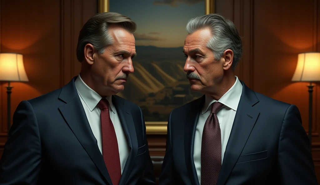 high quality,8k,photorealistic,hyperrealistic,detailed portrait,realistic business meeting,serious business men,suit,tie,formal attire,conference room,office background,gold mine photograph,industrial landscape,professional,dramatic lighting,cinematic,chiaroscuro,moody
