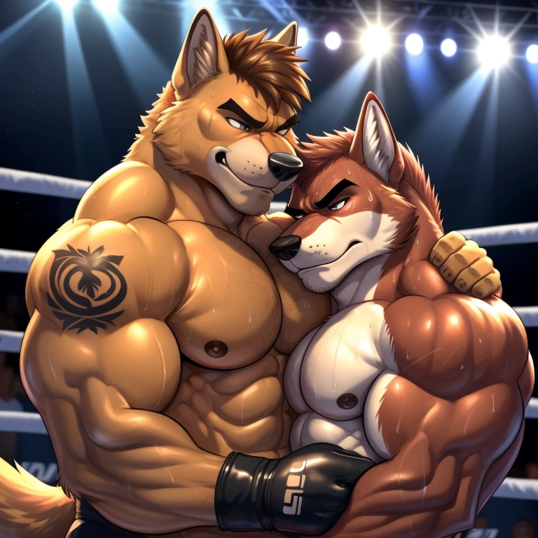 Duo male(Red Wolf vs Brown Dog), handsomes(handsome hairstyle, Thick eyebrows, detailed face), gay(cuddling embraced, body with body, on a UFC match), hot(Shirtless), handsomes(They are handsomes, correct anatomy), musculosos(Big muscle bodies, Six packs, muscle abs, big pecs), sweaty(very sweaty wet bodies, shiny sweat), tatuajes(they have tattoos), grumpy(Both have an grumpy expression, showing grumpy teeths, steaming breath), UFC gloves(They both are wearing UFC gloves), Hight resolution, by(Zourik:1.1)