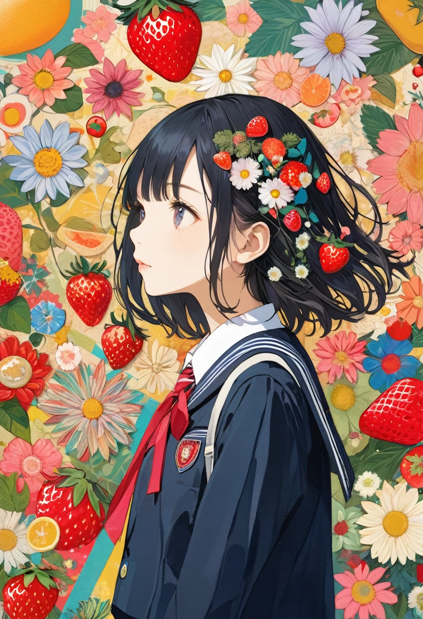 (masterpiece, best quality),
woodblock print collage depicting, girl,side view,she is surrounded by flower and strawberry symbols,detailed face,school-uniform,school,fruits,colorful, collage art, contemporary artistic collage,