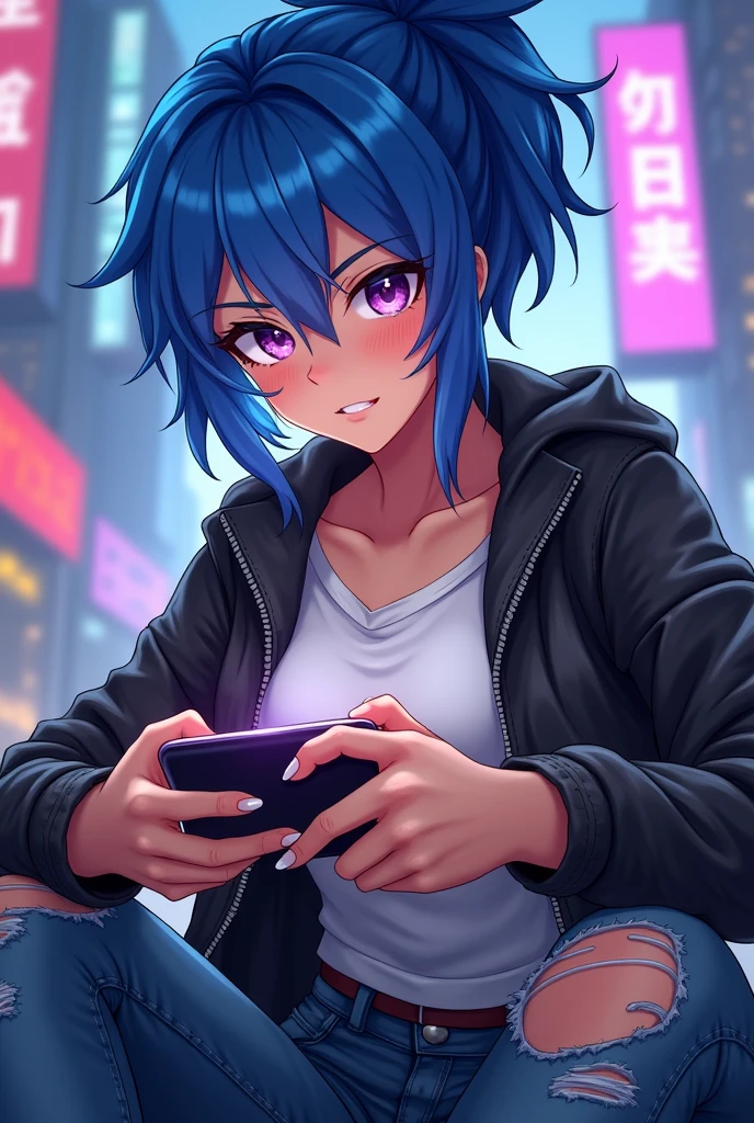 Create an anime image where a cool girl named Clairey playing mobile legends