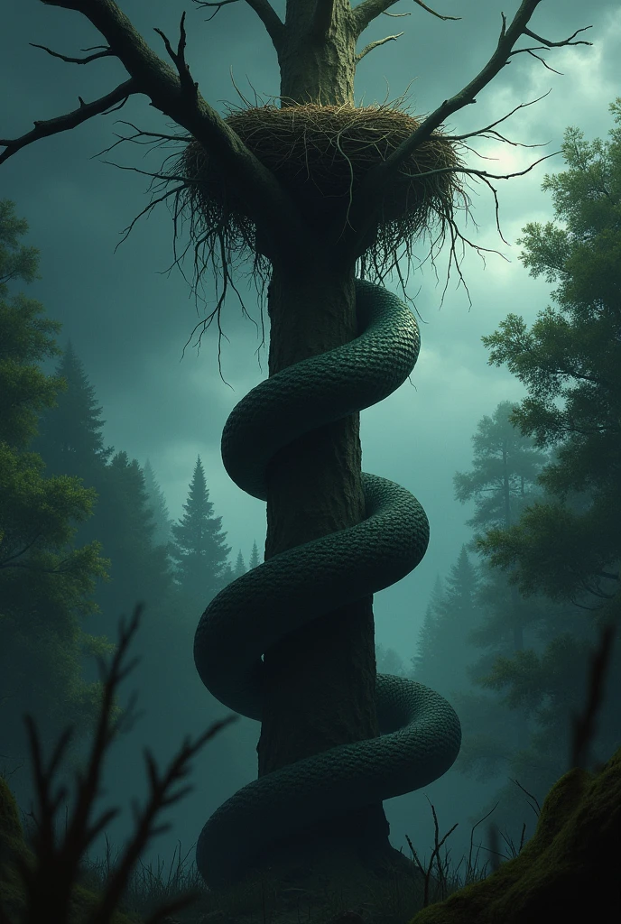 Dark clouds gather overhead, and the once calm forest starts to feel ominous a snake—slithering up the tree towards the nest. Genret the same image like peiverce 