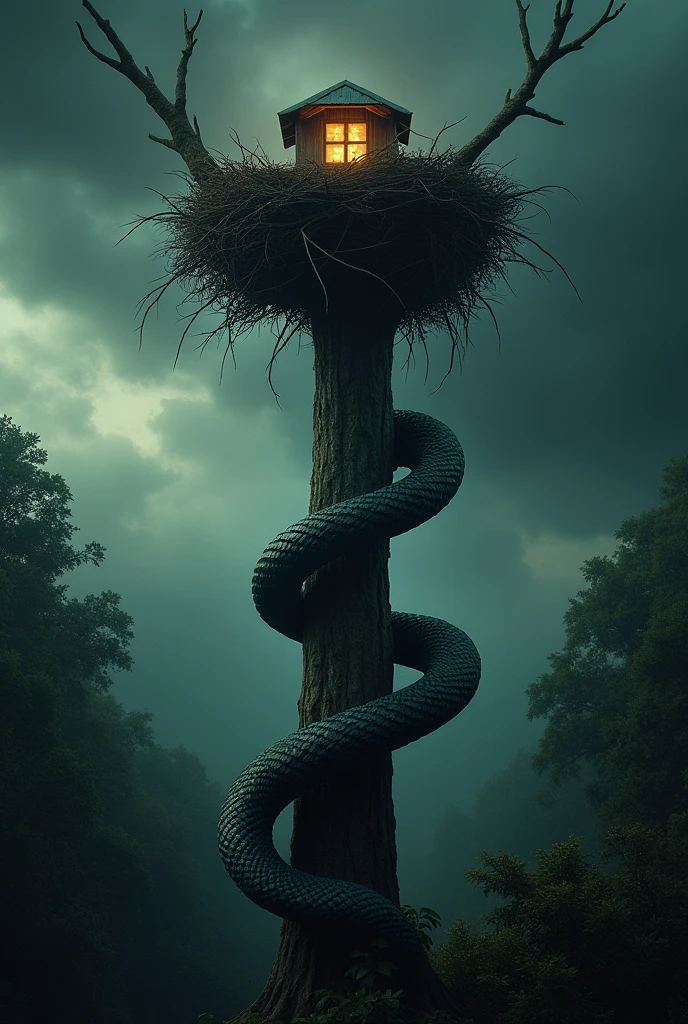 Dark clouds gather overhead, and the once calm forest starts to feel ominous a snake—slithering up the tree towards the nest. Genret the same image like peiverce 
