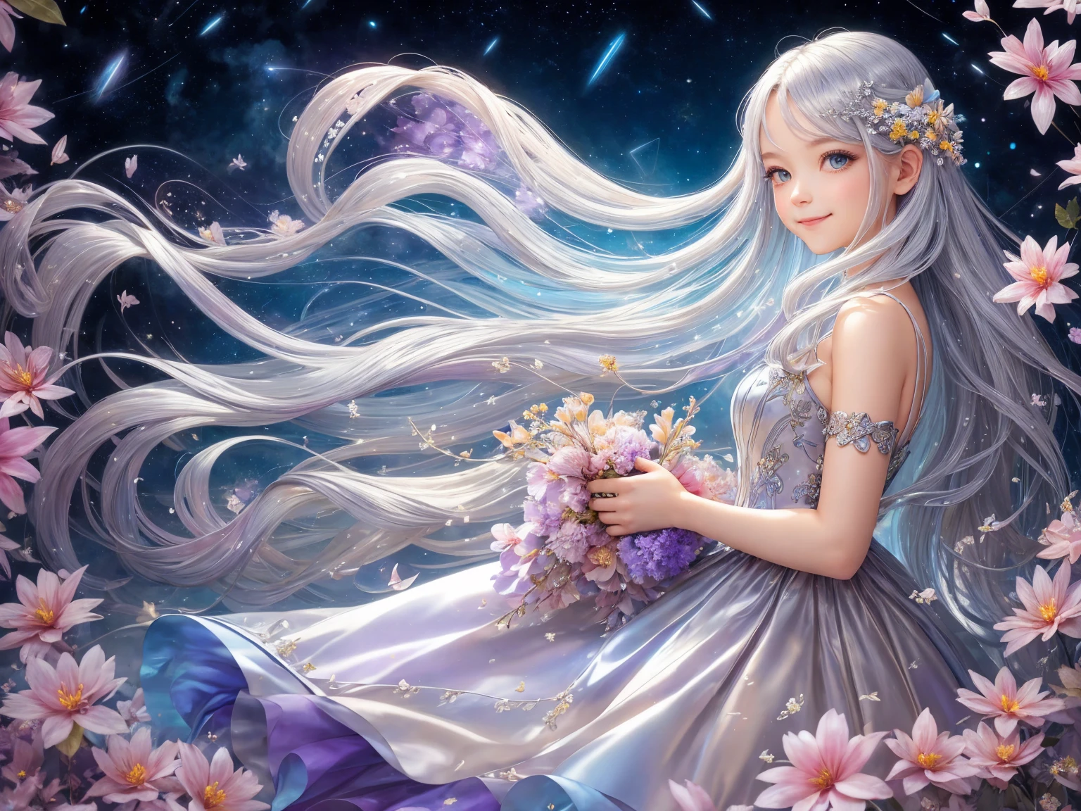 ((Silver colored hair、long hair)) ,((Wear a colorful floral satin dress)),Branch of delicate lilac flowers, Ultra-transparent, holy Light, beautiful spectral Light, Petals Shine, Blink,drops of transparent Light, reflective Light, bright, Light streaming in, Optics, Portrait Profile, Sharp focus, magic,Surreal, Fantasy, composition, Light, Art Station Trends, Pearl, Silvery steam guardian cloud, Corrosive Envelope Play Family, 8k, ((Cute smiling girl))、((background Shooting stars, space and colorful flowers))、