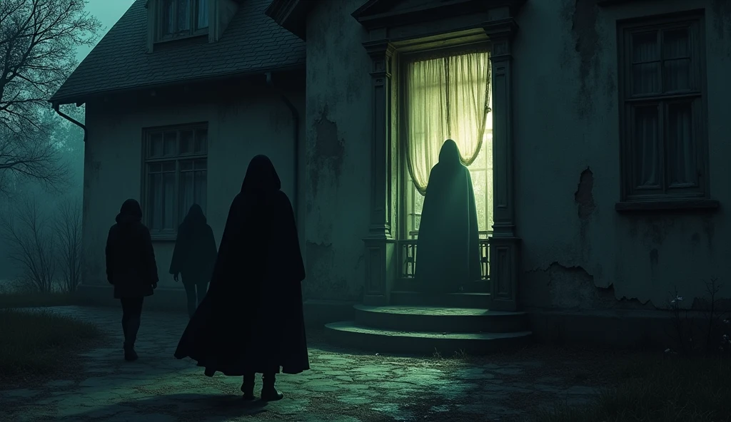 A shadowy figure seen faintly in the window of the mansion as the friends approach. 