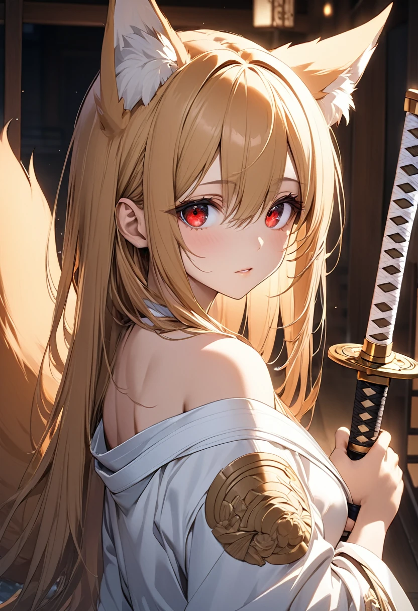 Long hair、Straight Hair、 (Red eyes:1.5), animal ears, tail, GOLD hair, fox ears, fox tail, White kimono、Holding a Japanese sword,Off the shoulder、胸の谷間 BREAK looking at viewer, BREAK outside, BREAK (masterpiece:1.2), best quality, high resolution, unity 8k wallpaper, (illustration:0.8), (beautiful detailed eyes:1.6), extremely detailed face, perfect lighting, extremely detailed CG, (perfect hands, perfect anatomy),Are standing、Slanted Eyes、whole body