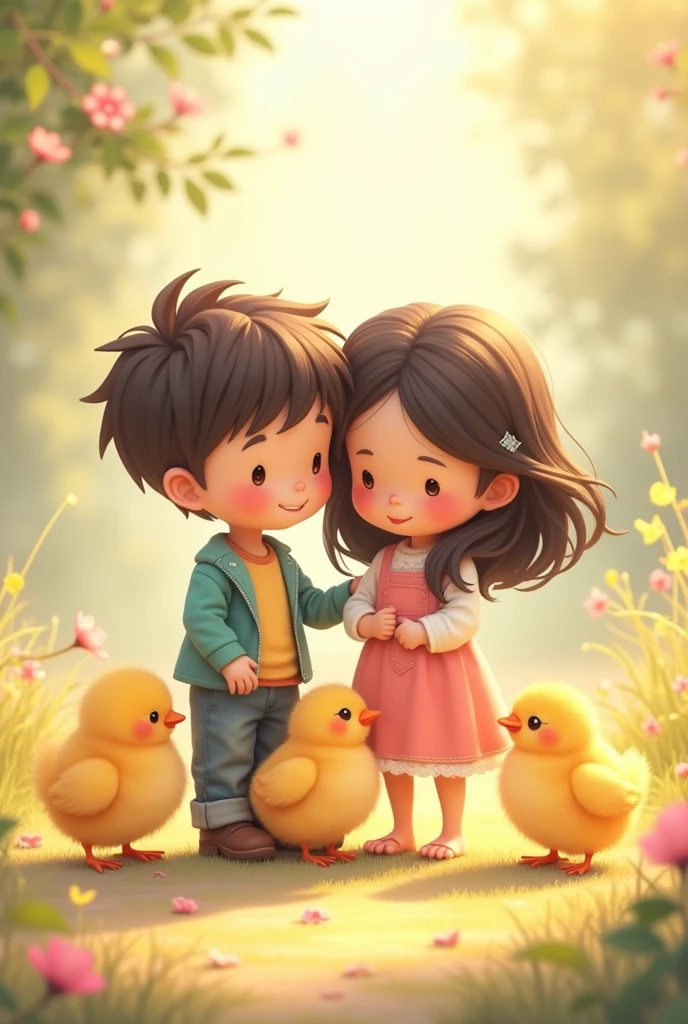 Cute group of children with pink and white clothes , chubby chicks , boy with brown hair and girl with black hair standing in a position of hand in shoulders of each other