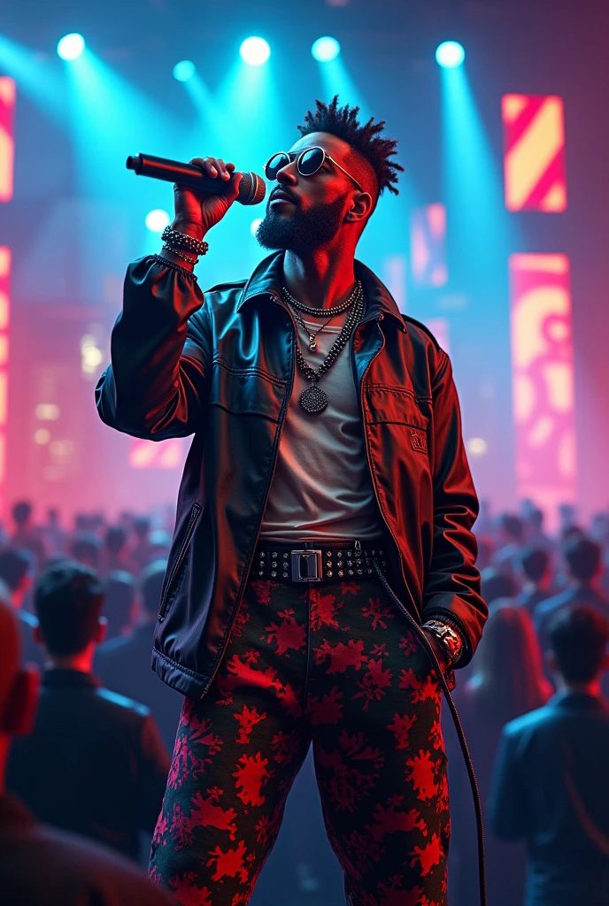 DJ holding a microphone in his left hand with different styles of clothing 