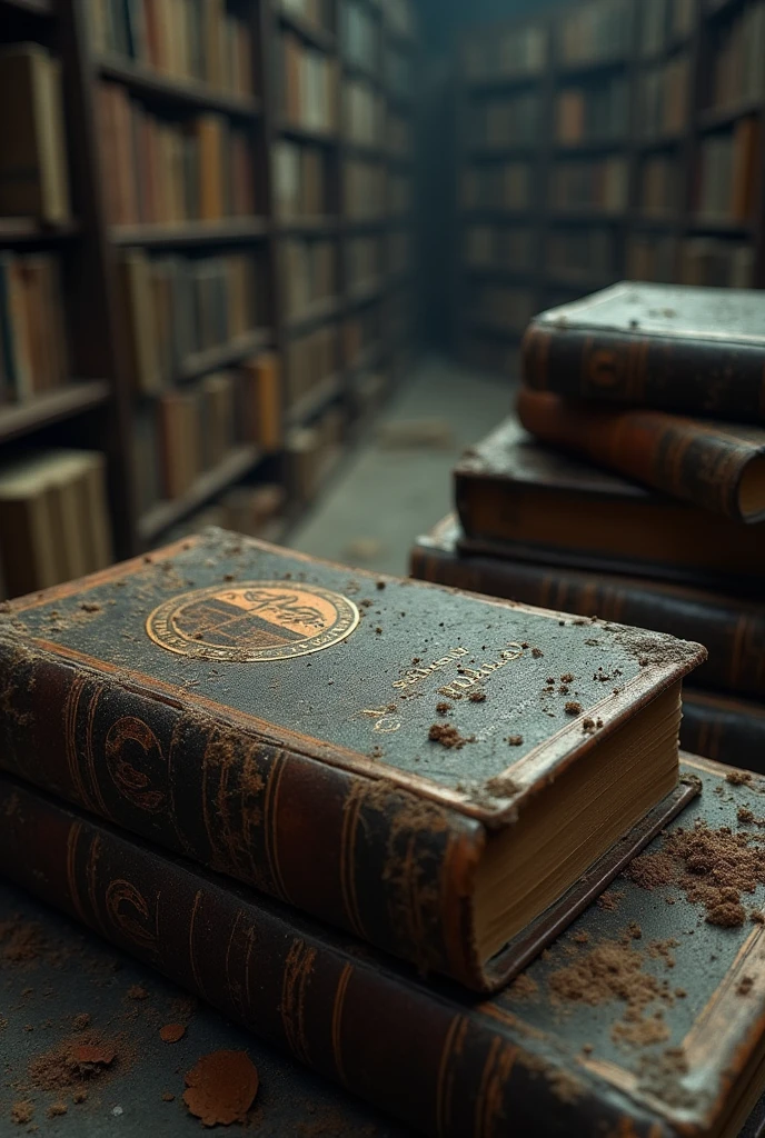 make an ultra-realistic and very real photo, a pile of very old ancient books, covered in cobwebs and dusty, on the book is written: "SEJARAH PERADABAN KUNO - AC Milan" and the AC Milan club logo (slightly faded, shabby, dirty and worn out), the background is an ancient library full of piles of old and dusty books