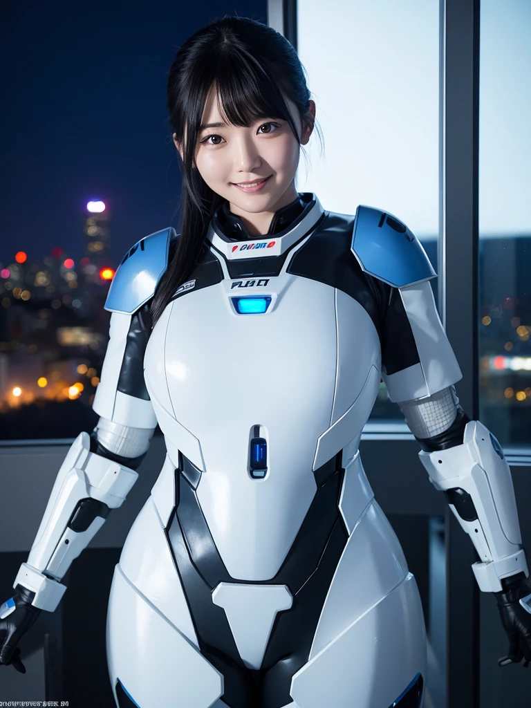 Japanese female android,Black Hair,White and blue robot suit,Plump,Watching the night view from the observation deck in the park,smile