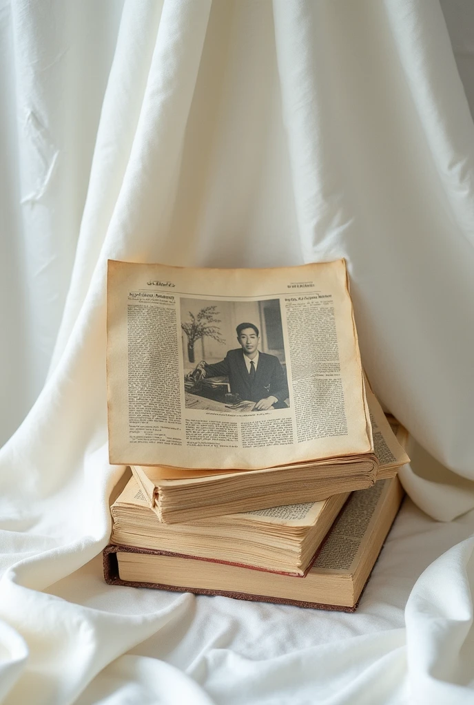 Old Filipino newspapers and clippings in a white cloth with album