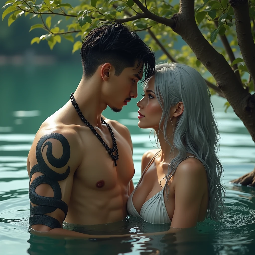 A pale young slender but muscular man, sitting near a tree shirtless with a black snake tattoo wrapped around his arms, his hair raven black, deep black eyes, messy slightly long hair, looking at her love swimming in the seren lake, in her bikini, playful, her white silver hair wet with water and her calm grey eyes look playfully at the pale young man, the women stunningly beautiful and the man just as handsome and good looking Masterpiece, High Resolution, Anatomically Correct, Best Quality, UHD, Super Detailed,