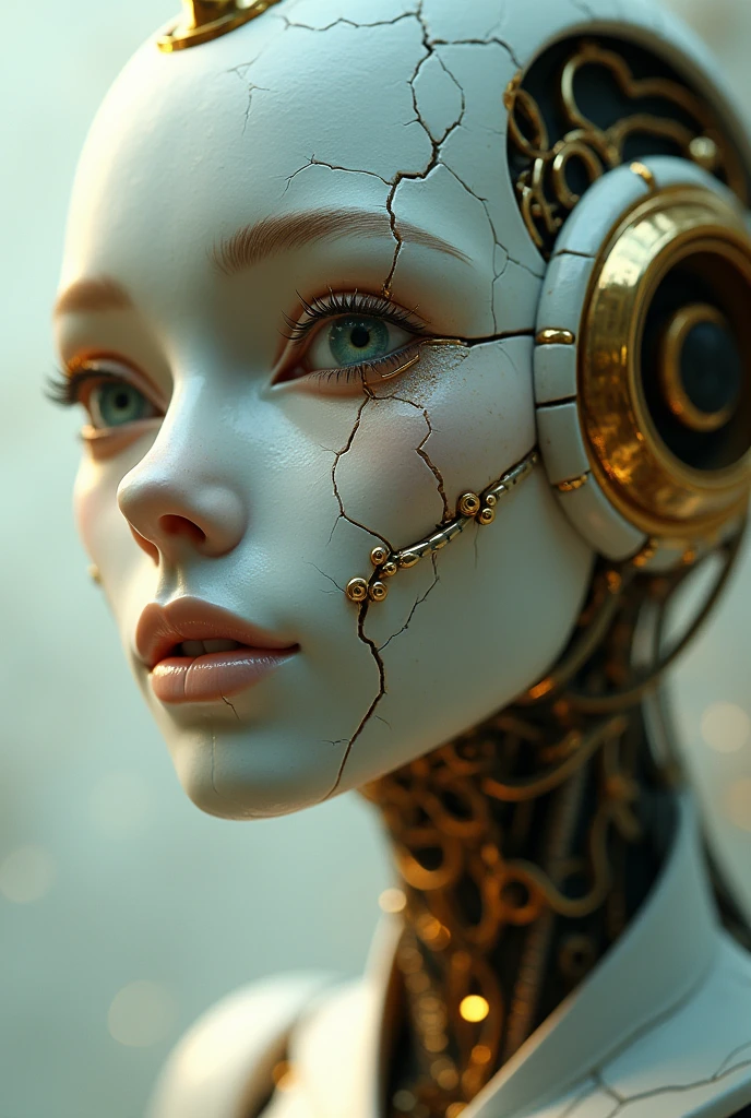 Automata, The face is made of ceramic, cracks were jointed with gold, mysterious smile, abstract light background,