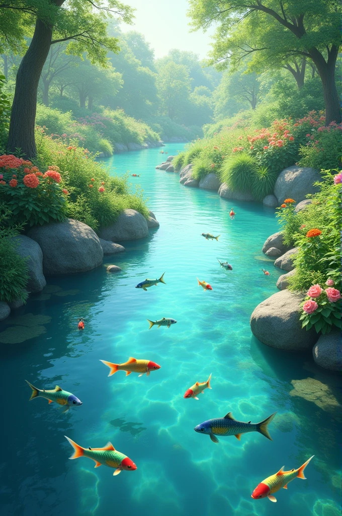 A picturesque river in the garden with clear blue water, and green and blue fish swimming gracefully."