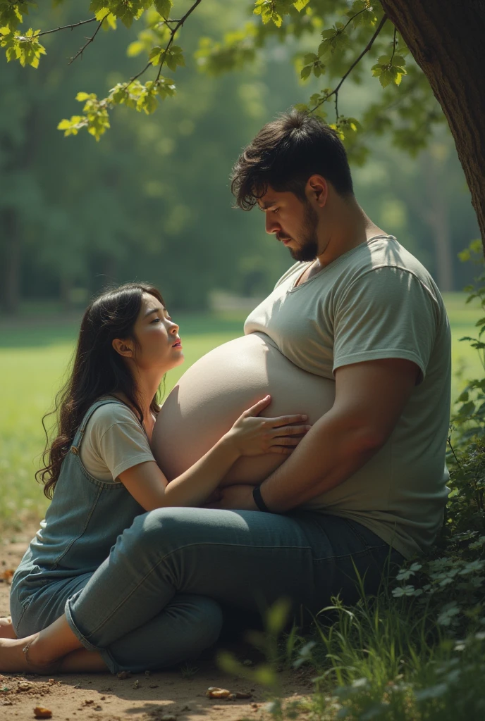 A young man with an enormous big belly is sitting in the park. He looks painful. A women is sitting in front of his enormous belly and is trying to hug him. But his belly is so very big that she can’t reach him. She is caressing his belly. The young man is looking at her. The belly of the young man is taking away much of the space of the picture. They both look sad.