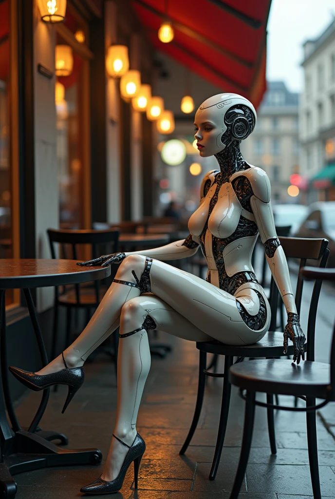 Sexy female cyborg sits erotically at a table in a street cafe, foot on foot, (Best quality, 4K, 8 K, a high resolution, masterpiece:1.2), absurdity, masterpiece, Ultra detailed, (realistic, photorealistic, photorealistic:1.37), the hard parts, HDR, (the hard parts:1.12), (hyper detailed, hyper realistic, soft lighting, spicy:1.2), beautiful figure, Magnificent Anatomy, (the hard part, hyper detailed:1.15), Smooth skin,