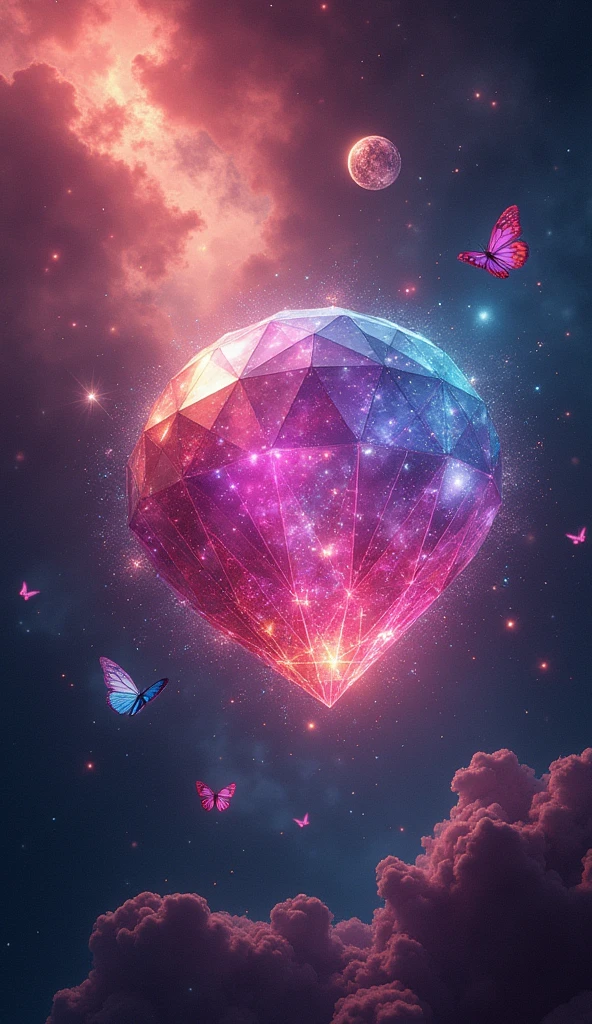realistic, multicolor ruby in the space, rhytm, chaos, view, around, clear, ocean, butterflies, effects, amazing, so pure