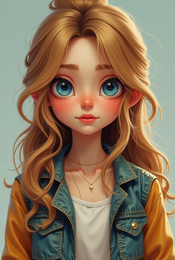 Teen girl, big golden brown hair styled half up and half down, beautifull blue eyes, with nerdy dress up style, freakles, oval shape head,