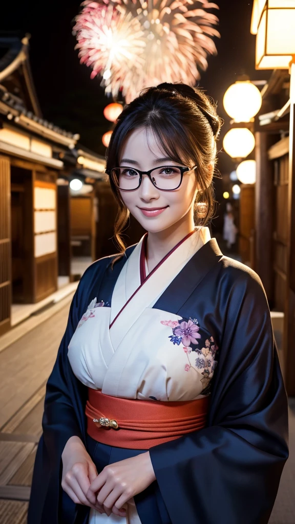 (Super beautiful woman in kimono)、((highest quality、8K masterpiece:1.3))、sharp focus:1.2、(super beautiful face:1.0)、(shiny skin:1.0)、realistic pictures、black hair、video lighting、High resolution eyes and face、video lighting、japanese actress、from the front、big breasts、with a happy smile、Slender abs beauty、whole body、wearing a kimono、in Kyoto、(((luxury obi)))、In Kyoto at night、wearing glasses with no edge、with a fan、Fireworks Display