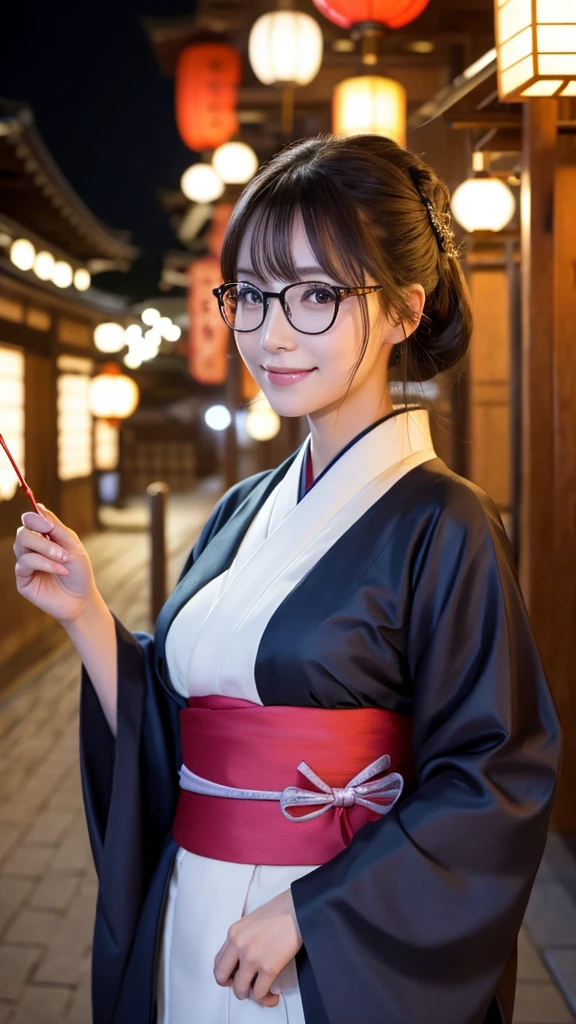 (Super beautiful woman in kimono)、((highest quality、8K masterpiece:1.3))、sharp focus:1.2、(super beautiful face:1.0)、(shiny skin:1.0)、realistic pictures、black hair、video lighting、High resolution eyes and face、video lighting、japanese actress、from the front、big breasts、with a happy smile、Slender abs beauty、whole body、wearing a kimono、in Kyoto、(((luxury obi)))、In Kyoto at night、wearing glasses with no edge、with a fan、Fireworks Display