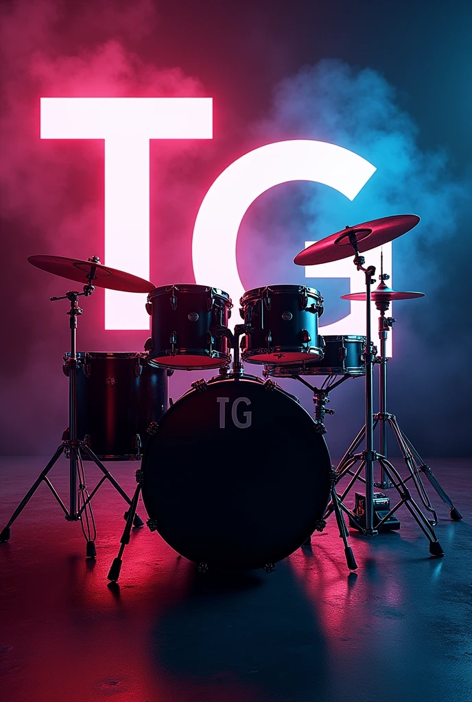 An intense background with a drum kit that had the initals TG