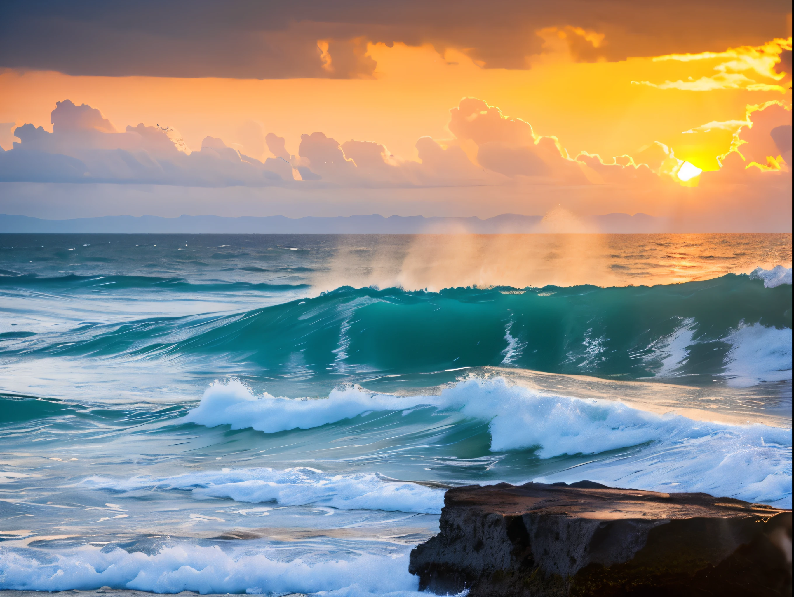 a vast, serene ocean, calm waves lapping at the shore, sun-dappled water, seagulls soaring overhead, sandy beach, rocky cliffs, lush tropical foliage, vibrant coral reef, schools of colorful fish, crystal clear waters, dramatic storm clouds in the distance, crashing waves against weathered driftwood, a lone sailboat on the horizon, light filtering through wispy clouds, golden sunset reflecting on the surface