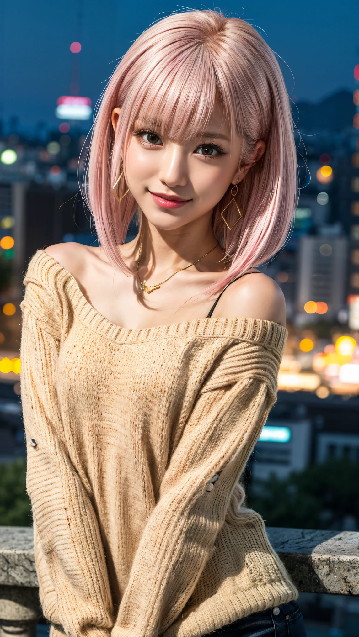 Highest quality, Tabletop, Ultra-high resolution, (Realistic:1.4), (Japanese Idols),RAW Photos, One Girl, night,Detailed skin,Blurred cityscape of South Korea,,Blonde, (Pink inner hair:1.3),Glossy Lips,smile,(Model pose:1.2),2,Beautiful and beautiful eyes,Diamond jewellery,Earrings,Gold Jewelry,Cold Light,Tight black knitwear,,(Strengthened upper arms:1.2),A well-trained body,Pixie Hair