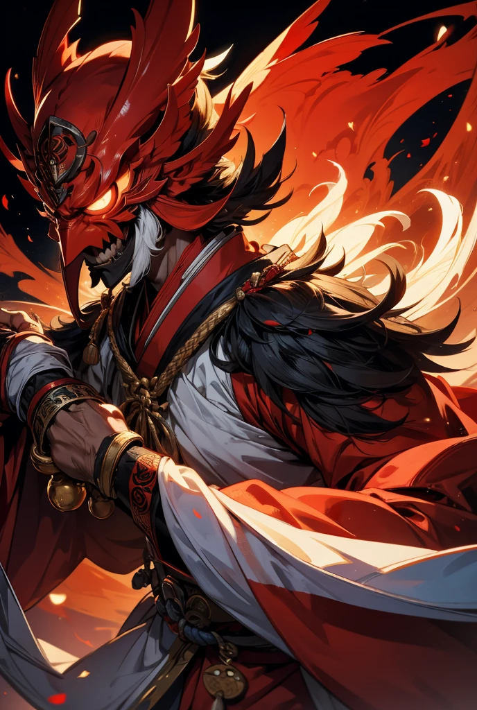 Stick-like nose。Tengu,He has a bright red mask on his face.。High resolution,8k、The background is Mt、masterpiece、He is an attractive male god.。