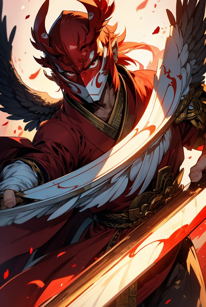 Stick-like nose。Tengu，He has a bright red mask on his face.。High resolution，8k、The background is Mt、masterpiece、He is an attractive male god.。