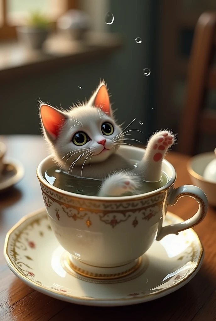 A cat swimming in the cup 