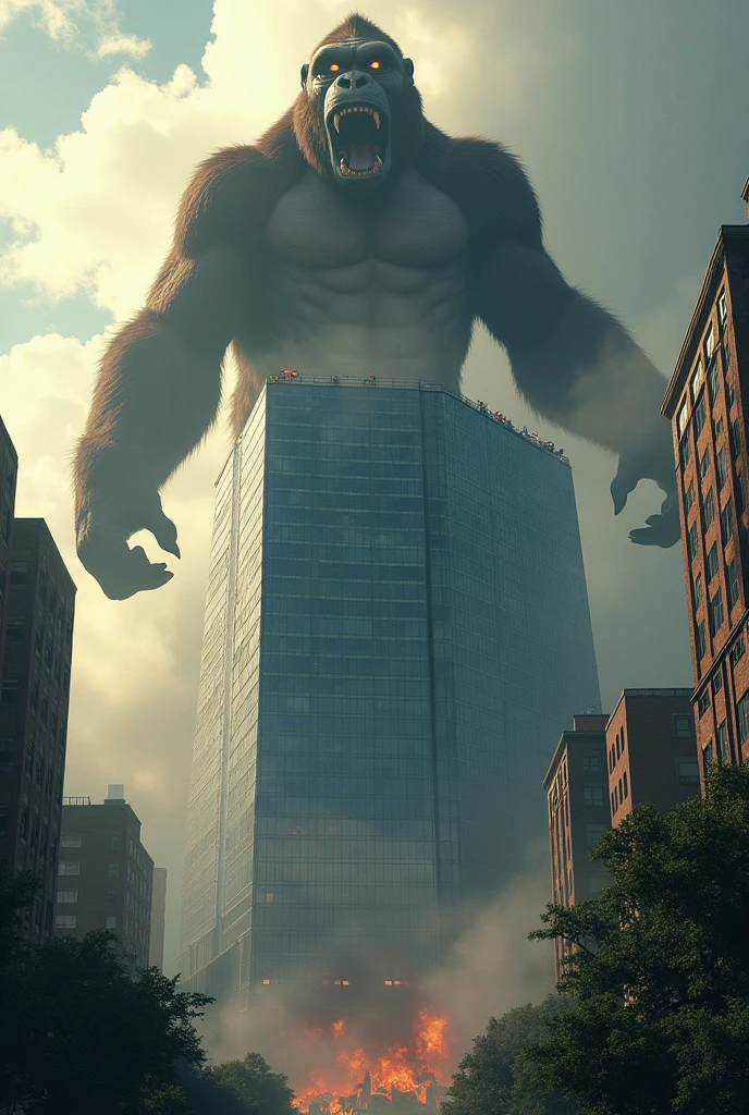 King Kong’s Roar: King Kong roars from the top of a skyscraper, drawing the attention of the dinosaurs and rallying the remaining citizens to safety.