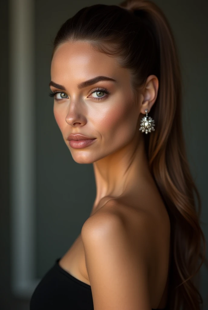 a very realistic and detailed close up portrait of beautiful swiss woman l, black skirt, perfect makeup, long sleek straight high ponytail brown hair, high quality, photorealistic, 8k, luxury, elegant, sophisticated, confident, studio lighting, cinematic, piercing eyes, full lips, sharp focus, olive skin