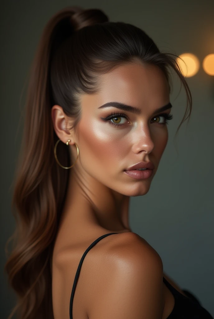 a very realistic and detailed close up portrait of beautiful swiss woman l, black skirt, perfect makeup, long sleek straight high ponytail brown hair, high quality, photorealistic, 8k, luxury, elegant, sophisticated, confident, studio lighting, cinematic, piercing eyes, full lips, sharp focus, olive skin