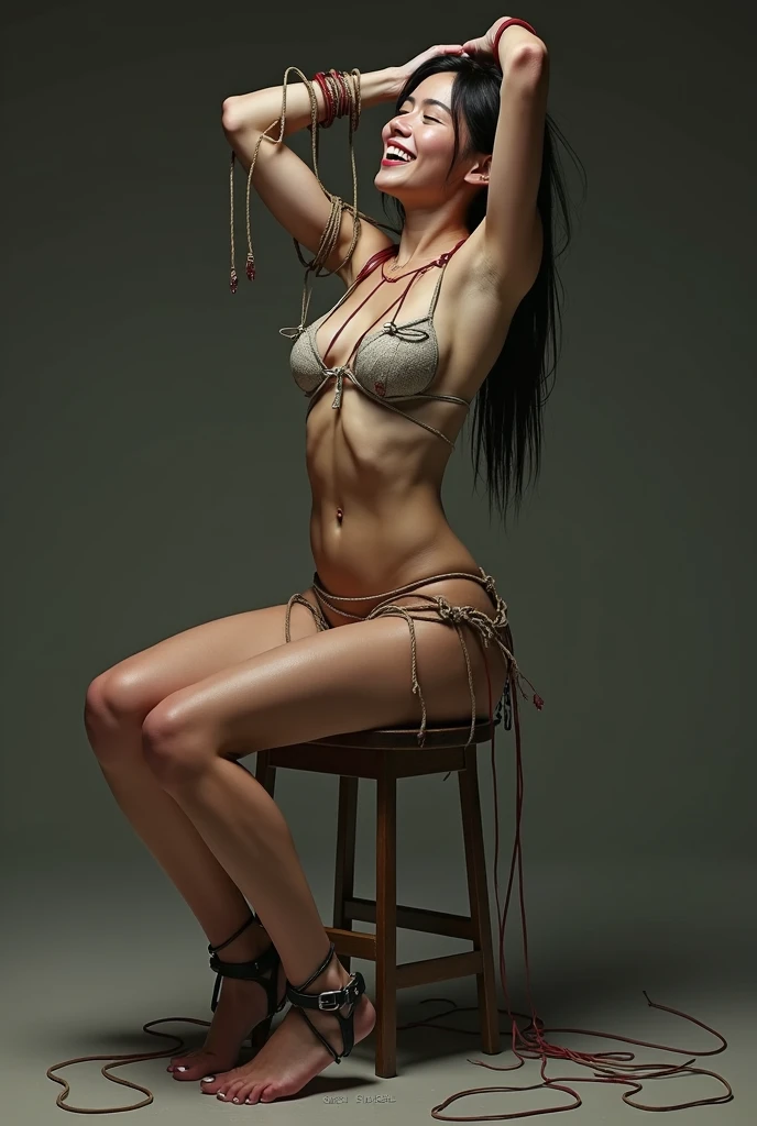 A young girl in a bikini is lying on a stool. Her hands are pulled upwards and tied with ropes. Her feet are fixed with wooden shackles and her toes are tied with thin wires. She pulls the soles of her feet backwards and spreads her body into a straight line. There are strings on her feet and waist. The tentacles were tickling him and he laughed.