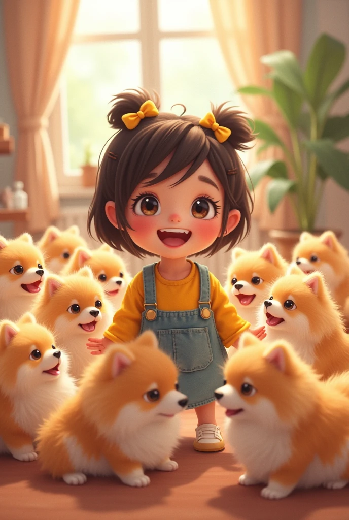 A lively and cute short-haired girl playing with many Pomeranians