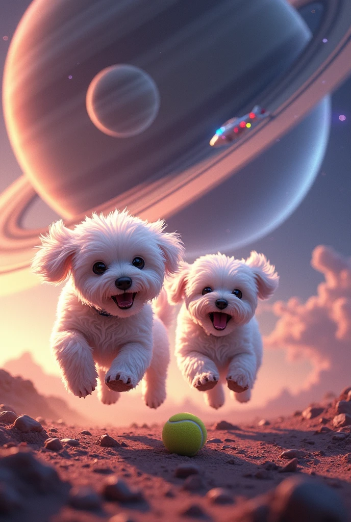 I want you to create two Maltese dogs that are playing on the planet Saturn with a tennis ball and in the background there has to be an alien ship flying.