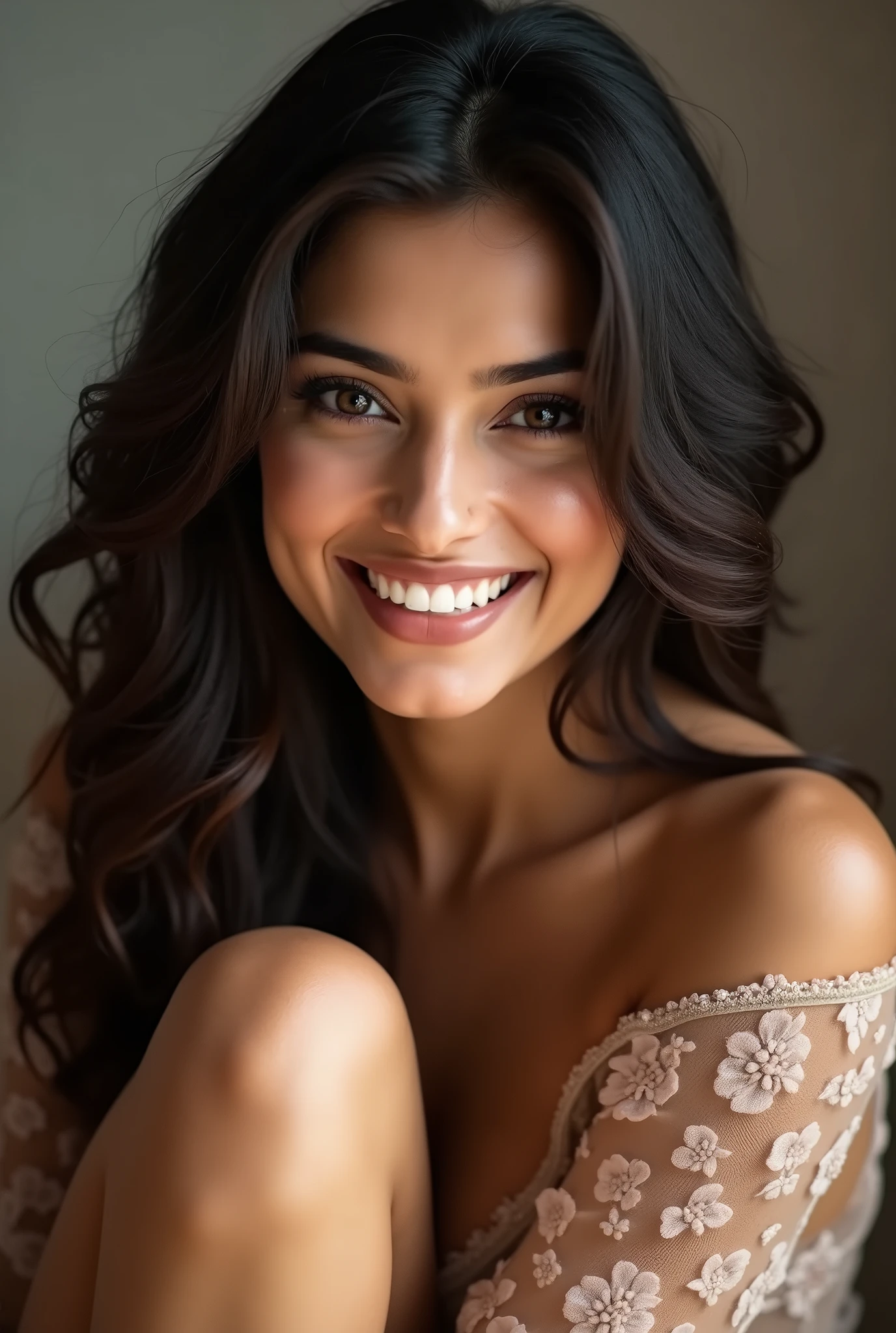 There is a young, Beautiful indian woman, who looks to the future like Katrina Kaif. Smiles into the camera, beautiful teeth. She stands there and looks into the camera, a portrait from raw photo, feet, hands, body,