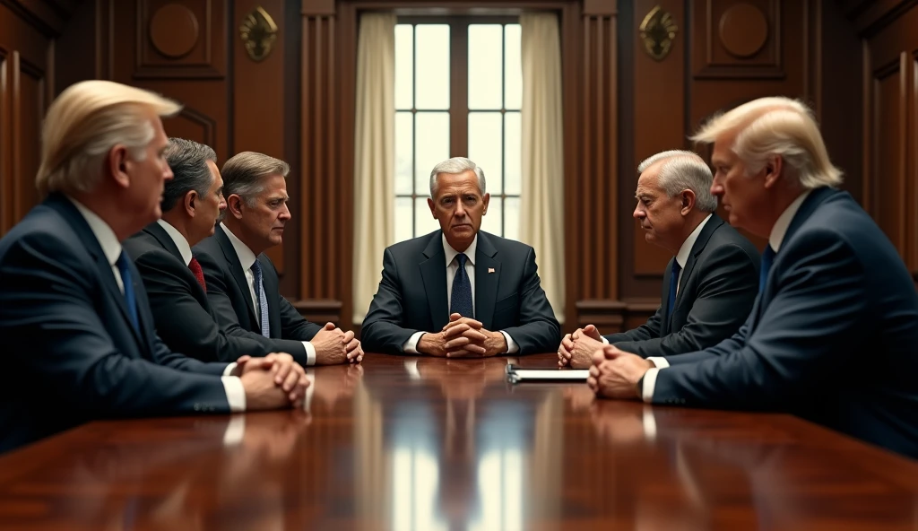 photorealistic portrait of presidents discussing in a meeting room,highly detailed,realistic lighting,professional photography,cinematic composition,dramatic shadows,deep focus,warm color palette,elegant suits,serious facial expressions,gestures,conference table,wood paneling,window light,realistic textures,4k,best quality