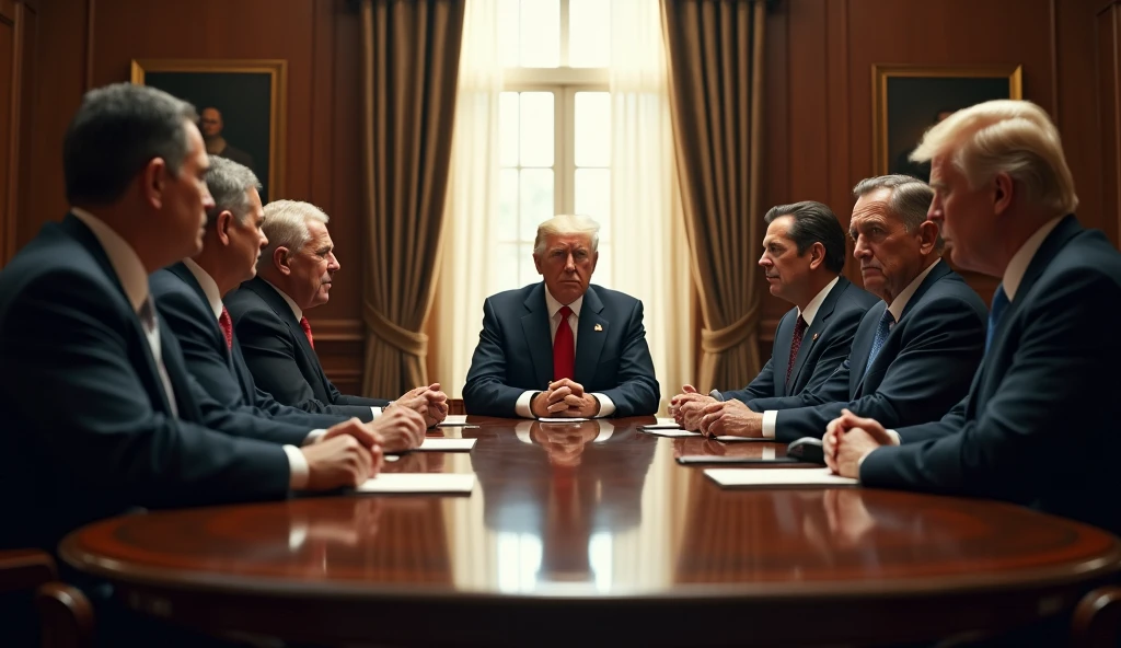 photorealistic portrait of presidents discussing in a meeting room,highly detailed,realistic lighting,professional photography,cinematic composition,dramatic shadows,deep focus,warm color palette,elegant suits,serious facial expressions,gestures,conference table,wood paneling,window light,realistic textures,4k,best quality