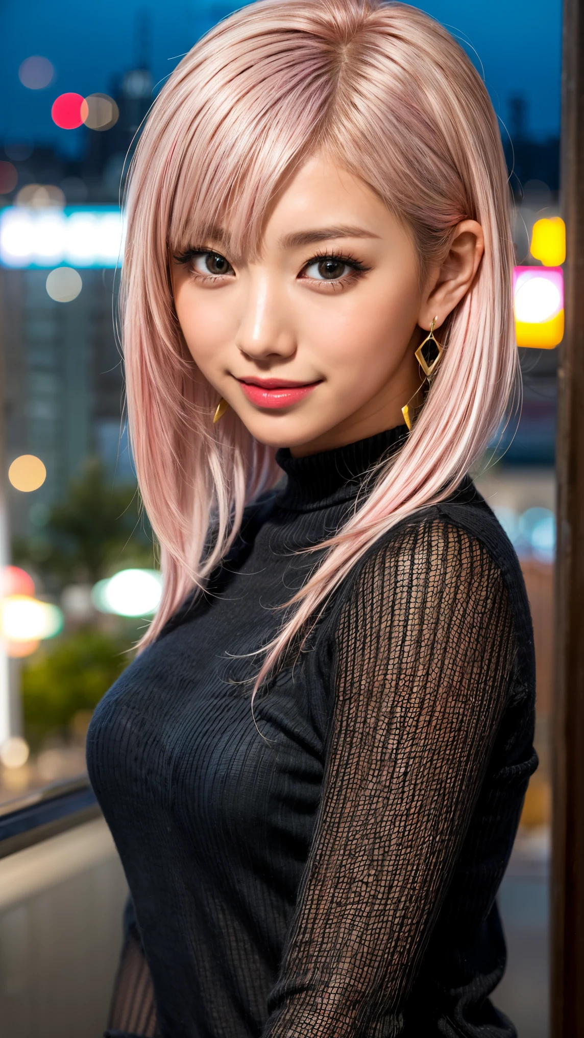 Highest quality, Tabletop, Ultra-high resolution, (Realistic:1.4), (Japanese Idols),RAW Photos, One Girl, night,Detailed skin,Blurred cityscape of South Korea,,Blonde, (Pink inner hair:1.3),Glossy Lips,smile,(Model pose:1.2),2,Beautiful and beautiful eyes,Diamond jewellery,Earrings,Gold Jewelry,Cold Light,Tight black knitwear,,(Strengthened upper arms:1.2),A well-trained body,Pixie Hair