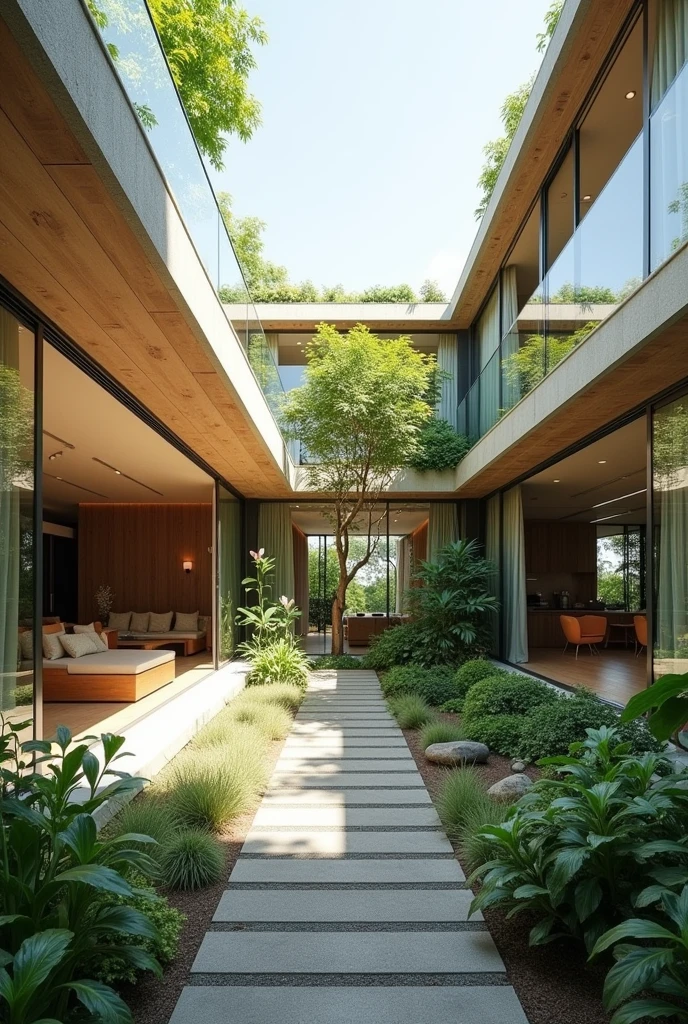 An open-plan home design with a central courtyard garden, bringing nature into the heart of the living space.