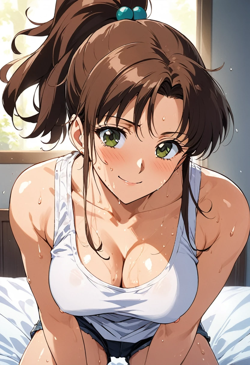 masterpiece, Highest quality, High resolution, (Makoto Kino),1990s \(style\),height: 175cm, Brown long hair,ponytail、 sexyな長い脚, Loose fitting tank top,Very good,Shorts, Bedroom,(E-cup beautiful breasts)、Sweating all over the body、vapor、Muscular、sexy、A face writhing in pleasure、Sweaty、Configuration from the front、smile、look up,Semen splattered on face、Anime-style painting style,Composition focused on the upper body