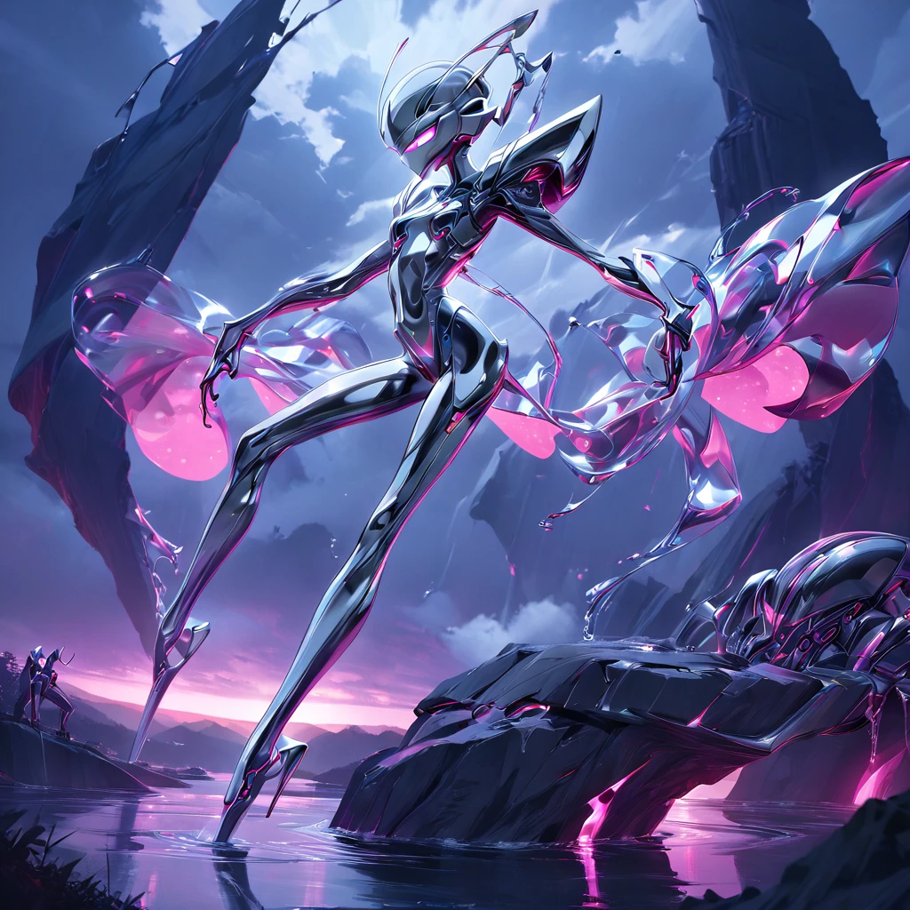 a uncanny feminine robot , highly skinny,long arms,long legs,big shoulder, beautiful glowing robotic eyes,full body,liquid reflecting metal and polished weird humanoid body, glossy metallic skin, advanced machinery alien parts, dynamic pose, dramatic lighting, landscape background, cinematic composition, 8k, high resolution, masterpiece