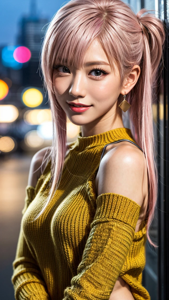 Highest quality, Tabletop, Ultra-high resolution, (Realistic:1.4), (Japanese Idols),RAW Photos, One Girl, night,Detailed skin,Blurred cityscape of South Korea,,Blonde, (Pink inner hair:1.3),Glossy Lips,smile,(Model pose:1.2),2,Beautiful and beautiful eyes,Diamond jewellery,Earrings,Gold Jewelry,Cold Light,Tight black knitwear,,(Strengthened upper arms:1.2),A well-trained body,Pixie Hair