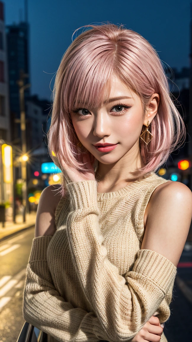 Highest quality, Tabletop, Ultra-high resolution, (Realistic:1.4), (Japanese Idols),RAW Photos, One Girl, night,Detailed skin,Blurred cityscape of South Korea,,Blonde, (Pink inner hair:1.3),Glossy Lips,smile,(Model pose:1.2),2,Beautiful and beautiful eyes,Diamond jewellery,Earrings,Gold Jewelry,Cold Light,Tight black knitwear,,(Strengthened upper arms:1.2),A well-trained body,Pixie Hair